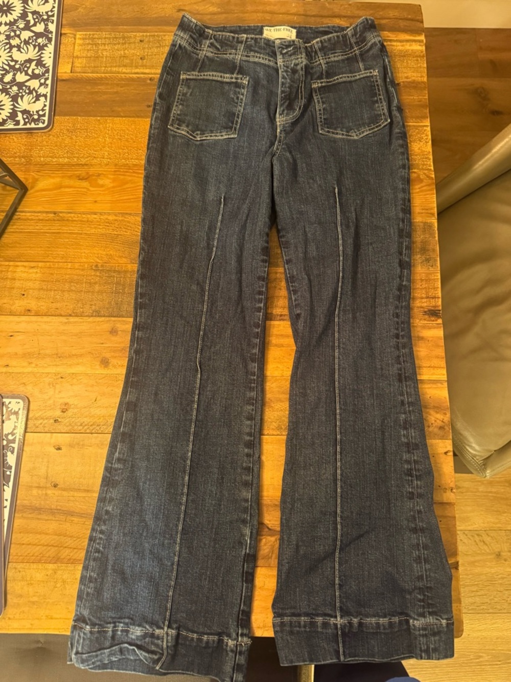 We The Free Dark Blue Flare Jeans with Front Patch Pockets